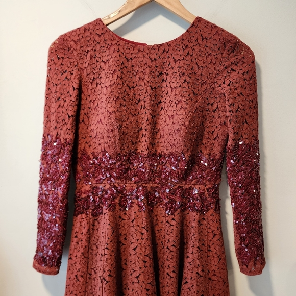 Manishii Rust/Ruby Sequin Embroidered Lace Anarkali Gown Dress Pakistani - Picture 3 of 11